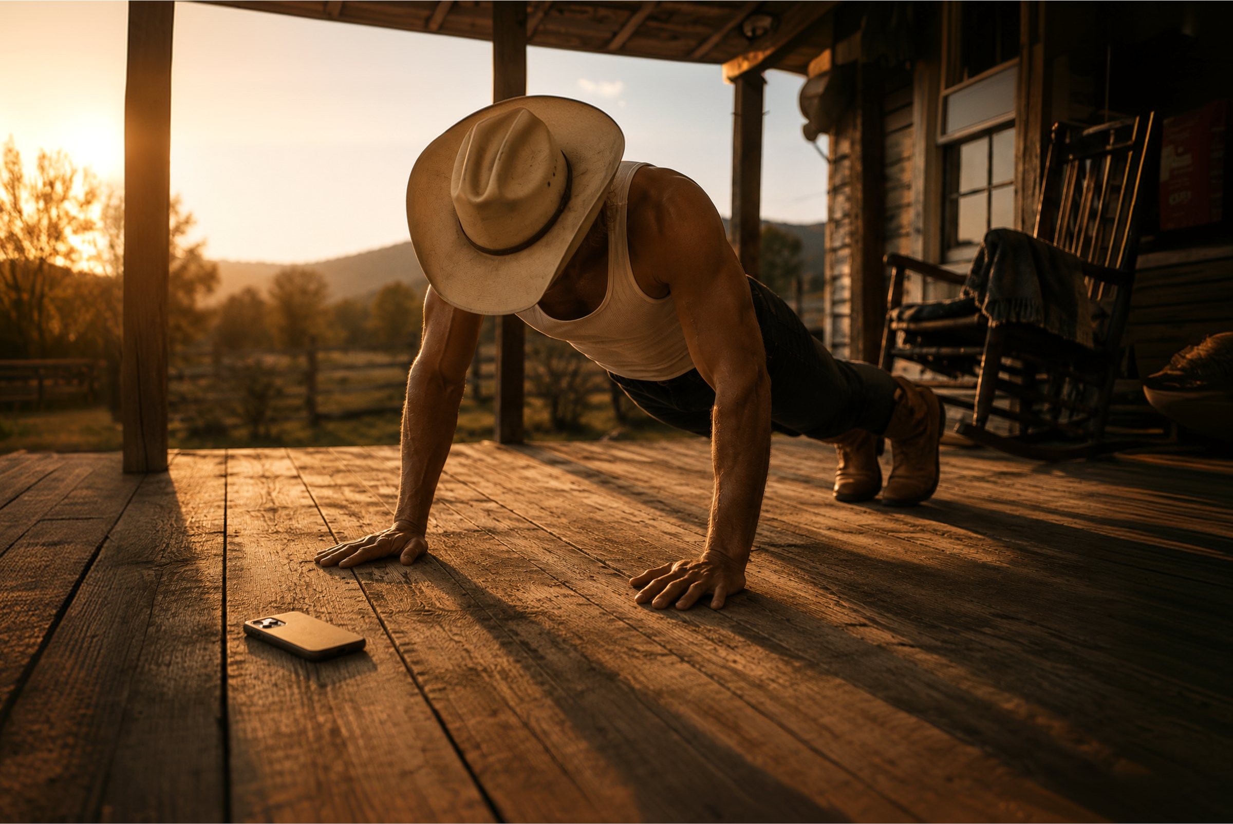 Push-up on a weathered porch at sunrise, phone on the boards