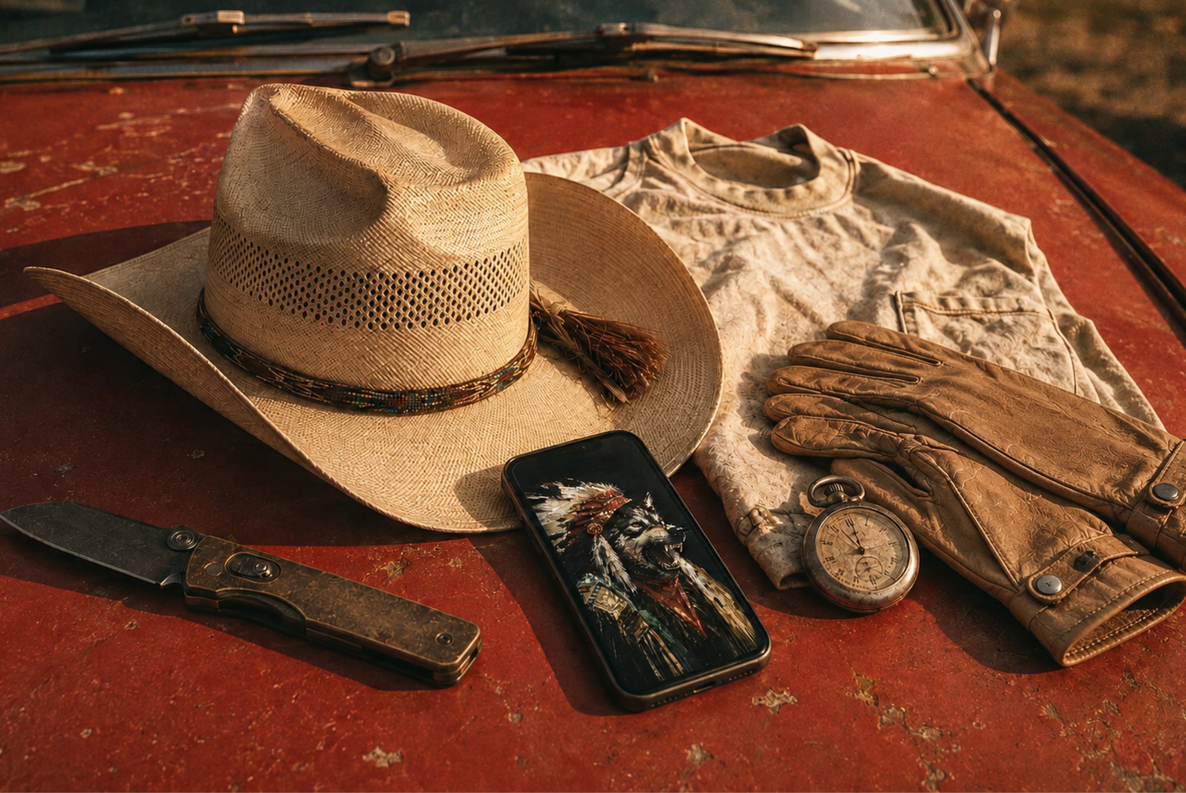 A hat, gloves, a knife and the phone laid out on a truck hood