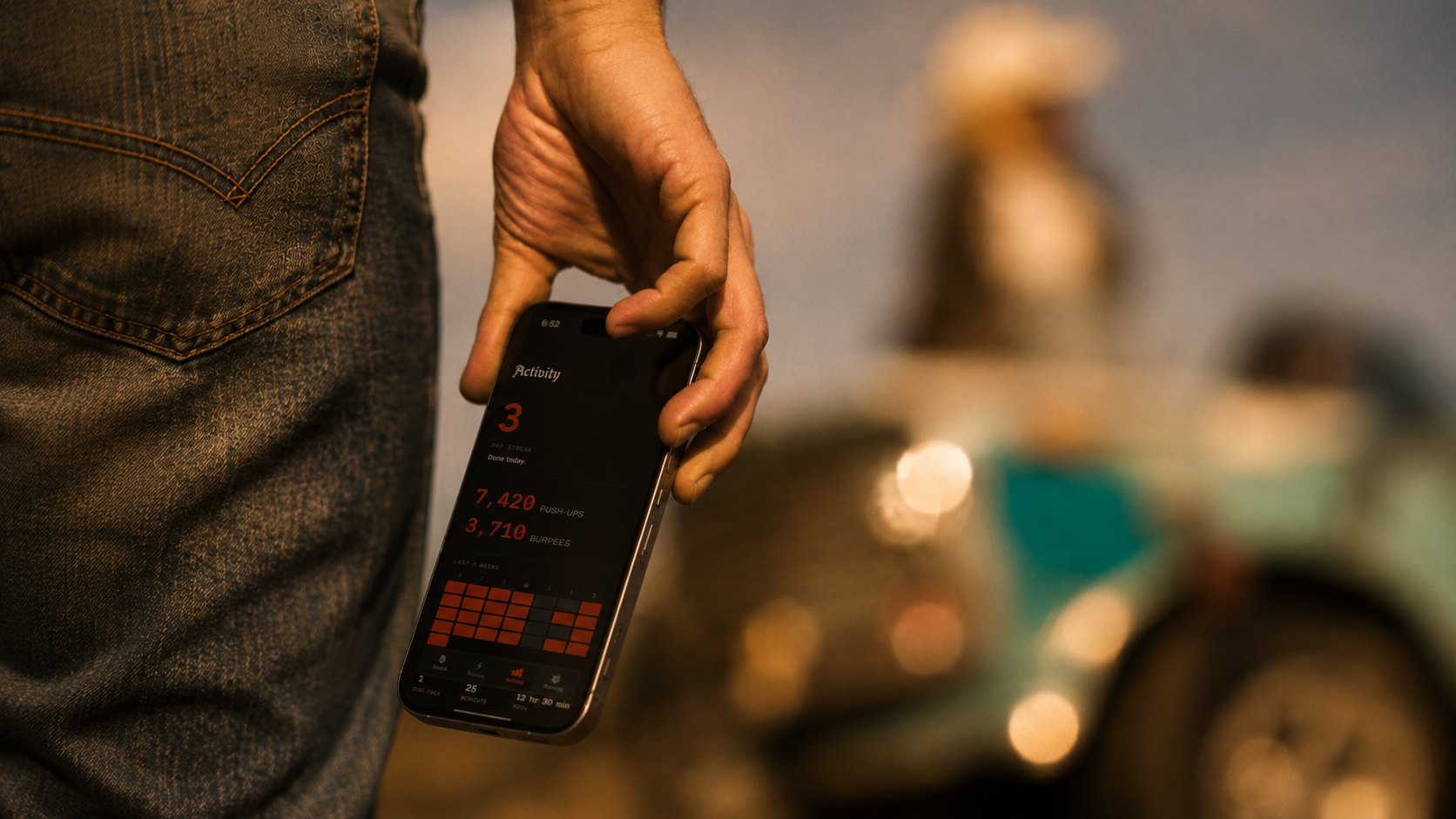 The ledger in hand: a three day streak, 7,420 push-ups, 3,710 burpees and the five-week grid