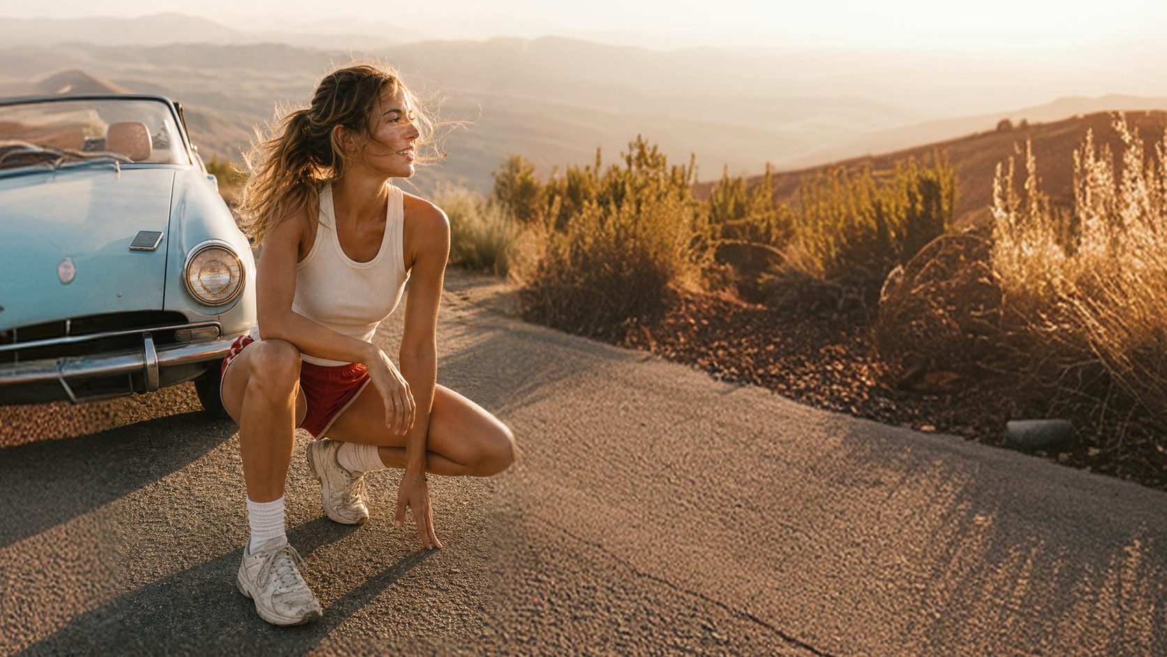 A runner down on one knee at the roadside at sunrise, a vintage convertible parked behind her and the hills going gold to the horizon