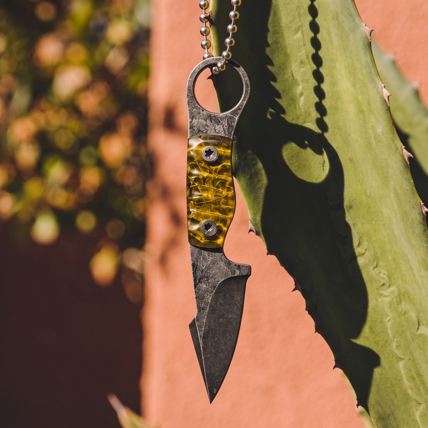 Timber Scorpion fixed blade against an agave in hard sun.